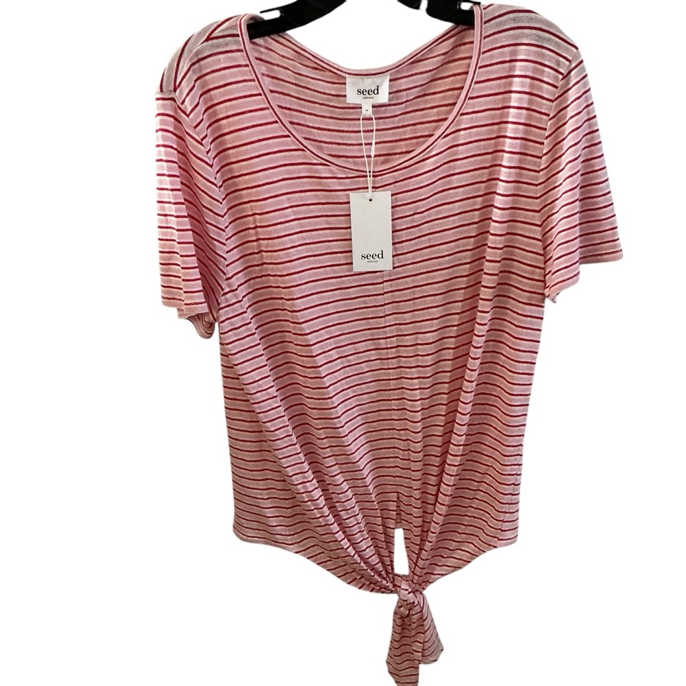 Seed heritage women’s T-shirt pink stripe knot front size medium